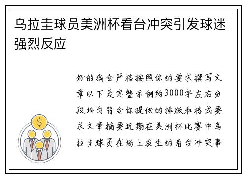 乌拉圭球员美洲杯看台冲突引发球迷强烈反应